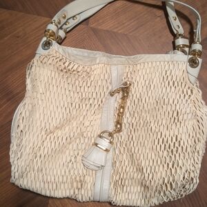 Elegant Cream and Gold Leather Hobo Bag That Needs A Little Love